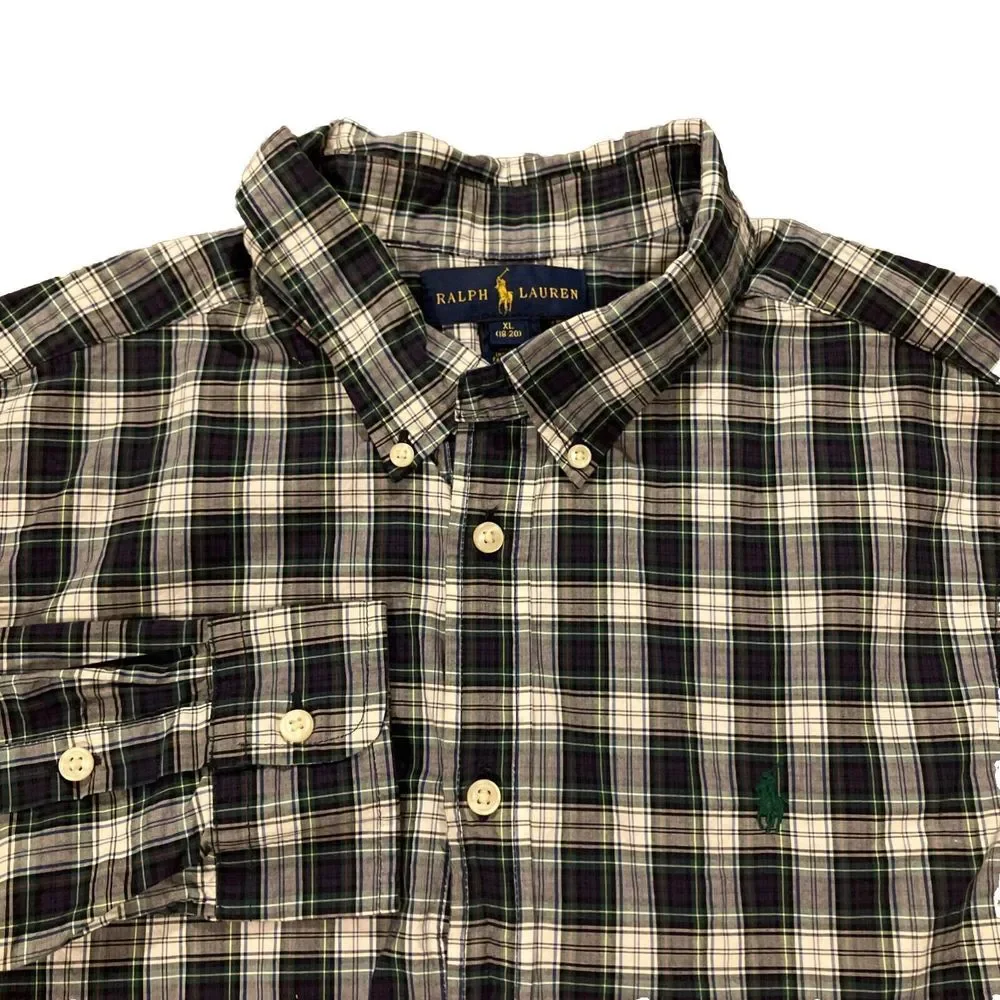Ralph Lauren Kids XL 18-20 Plaid Button Down Shirt Navy Green White Cotton